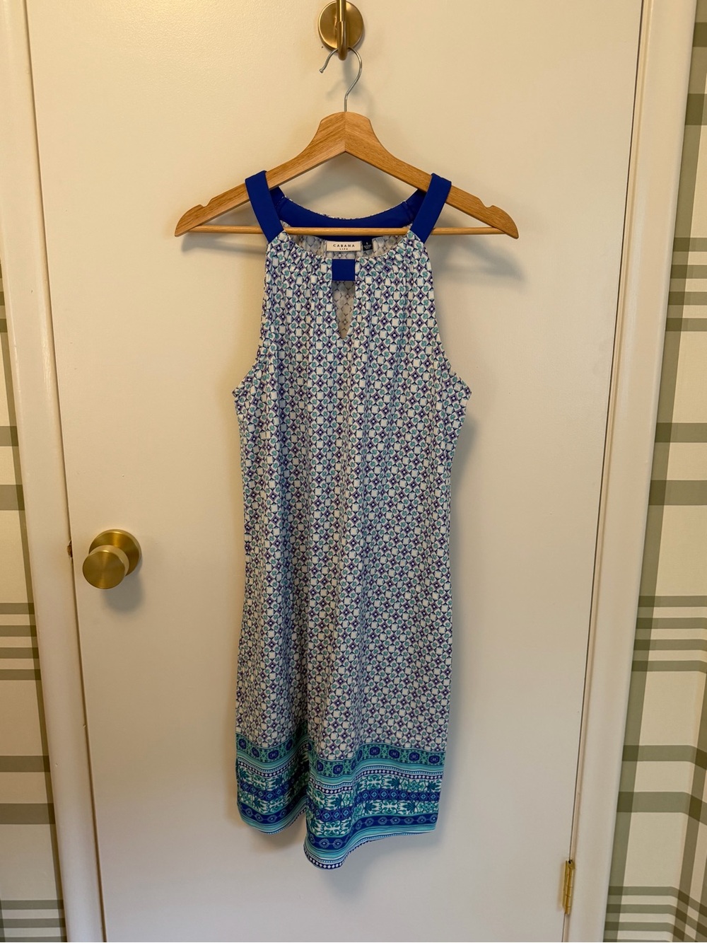 Cabana Life Blue and White Patterned Halter Shift Dress with Contrast Straps